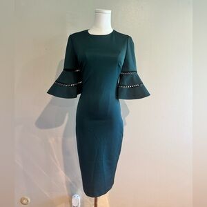Ted Baker Teal Midi Dress with Lace-Trim Bell Sleeves